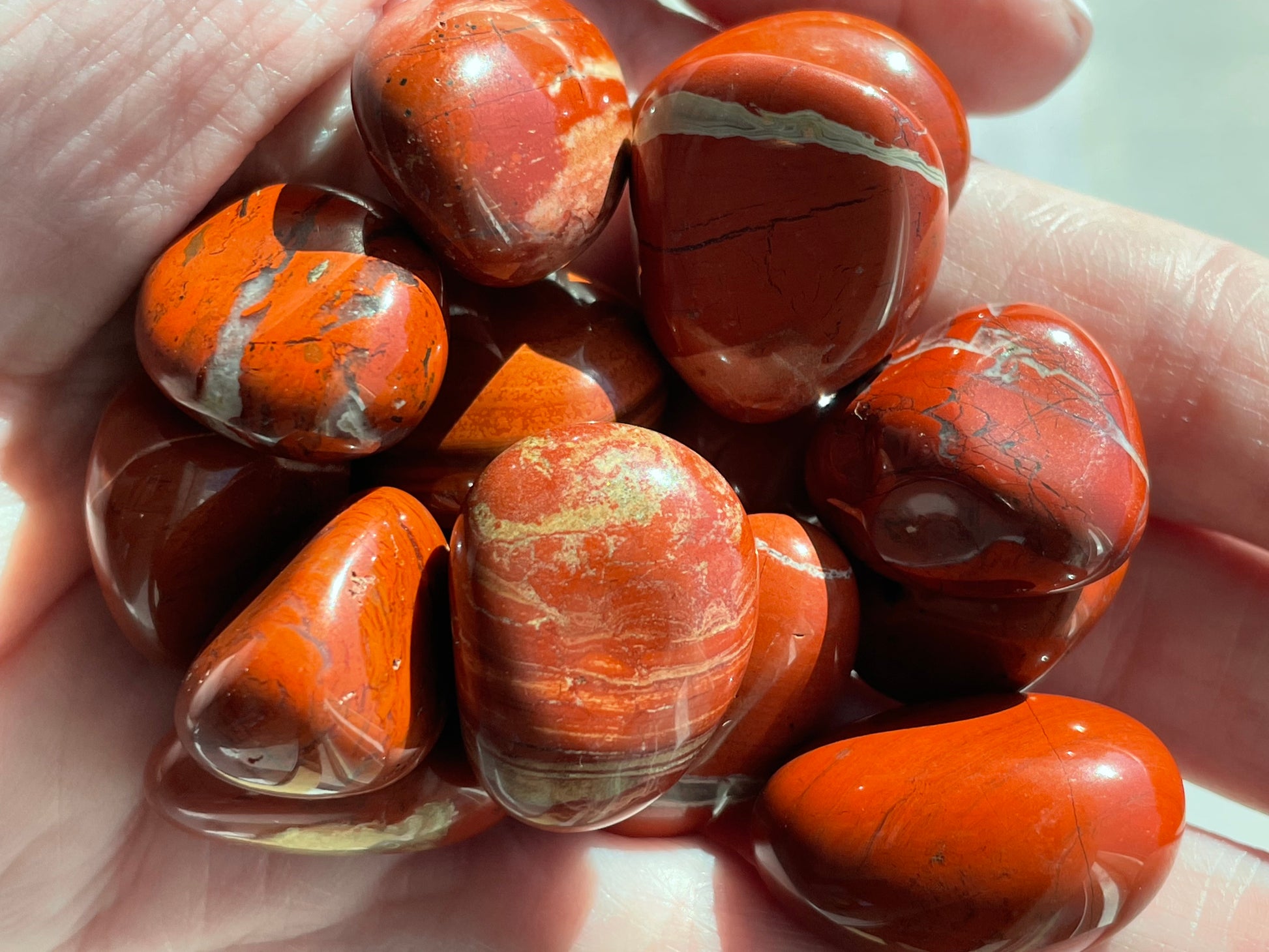 Hand holding a collection of red and orange marbled stones.