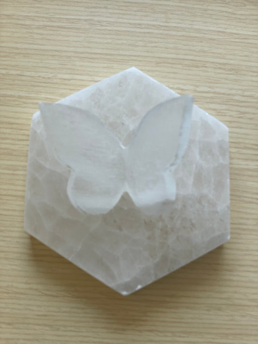 Selenite butterfly displayed on hexagonal stone.