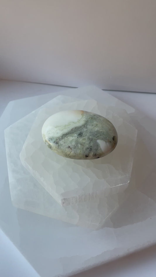 Natural Green Maligano Jasper polished palm stone.