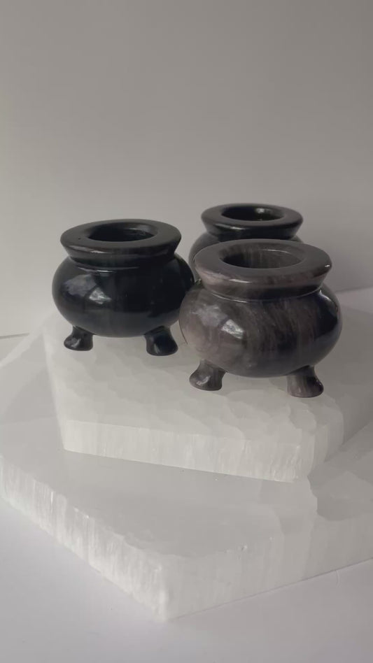 Silver Sheen Black Obsidian Cauldron
